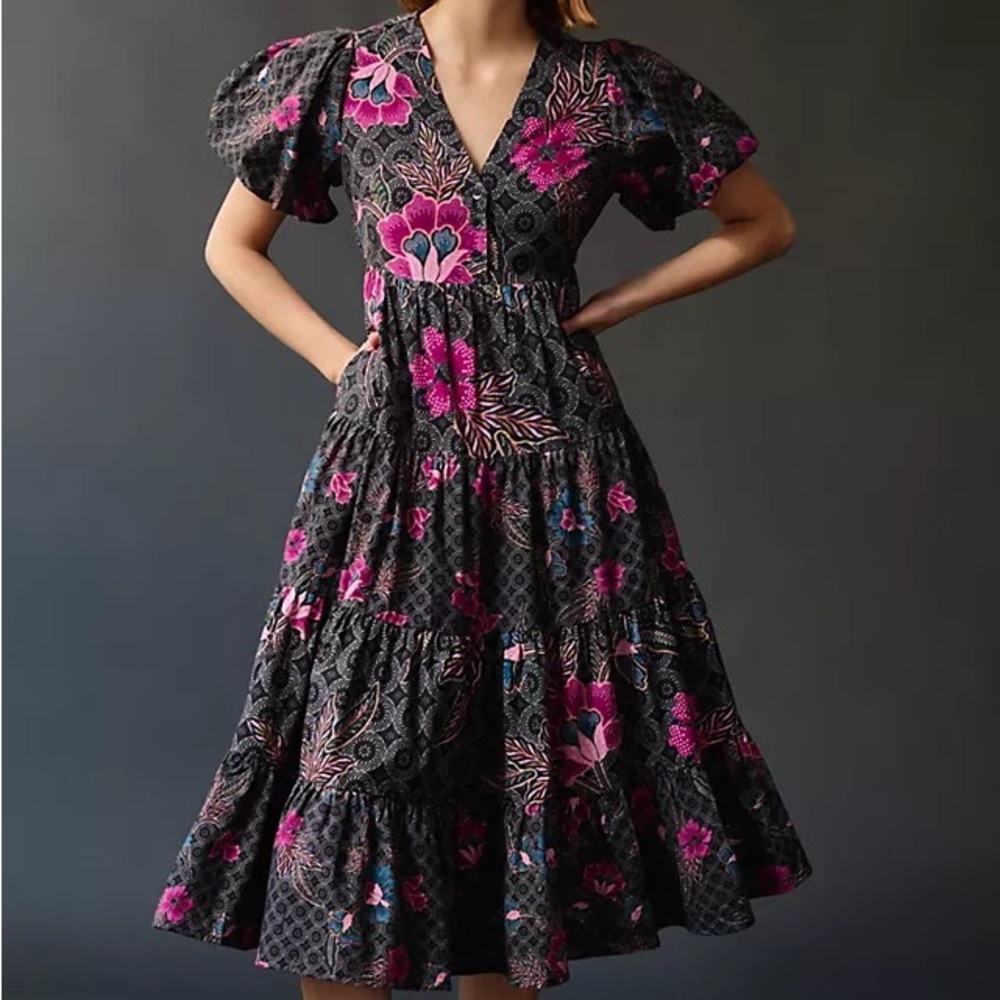 Anthropologie Ignacia Balloon Puff Sleeve Tiered V Neck Button Up Maxi Dress